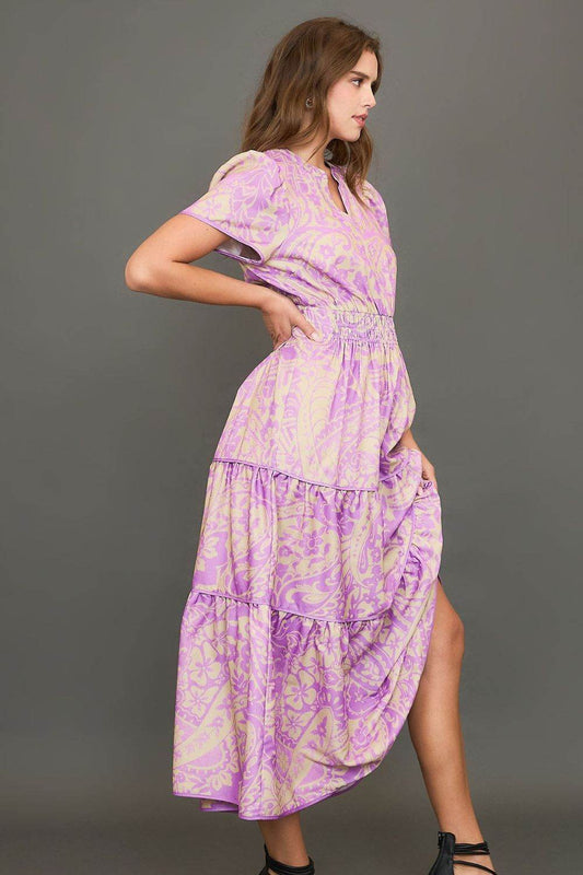 Umgee Full Size Printed Notched Short Sleeve Tiered Dress Plus Size - Shop Style & More | Fresh Looks, Everyday Deals & Free Shipping