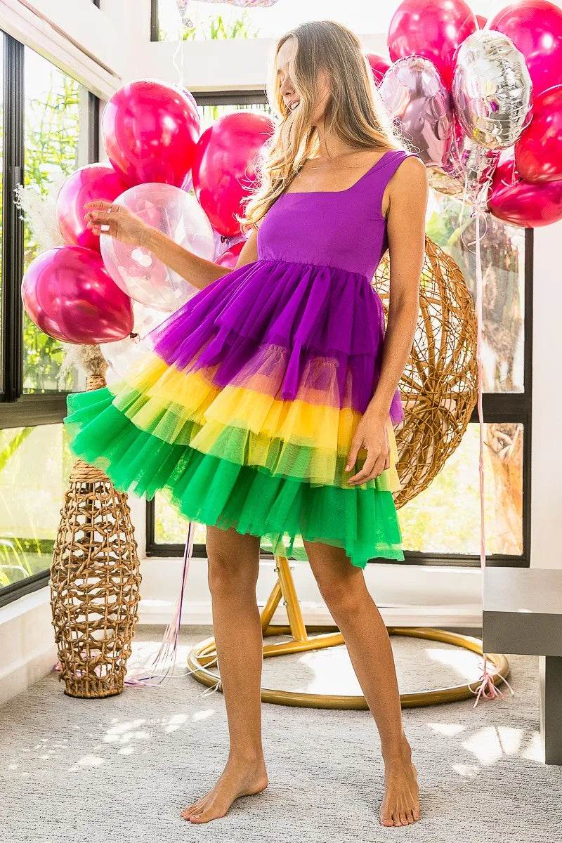 BiBi Mardi Gras Color Block Layered Mesh Tiered Dress - Shop Style & More | Fresh Looks, Everyday Deals & Free Shipping