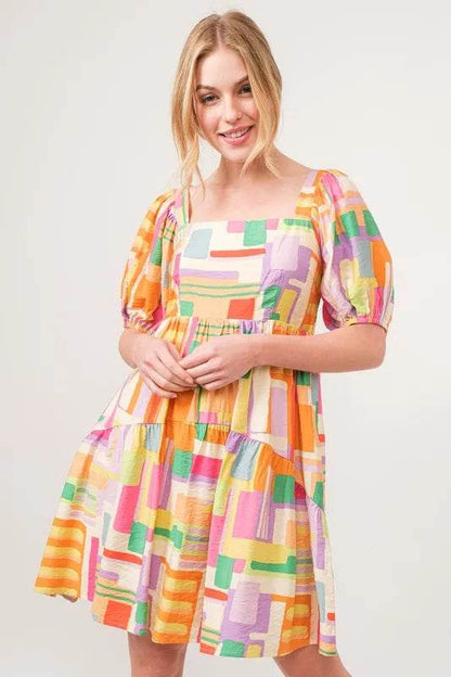 And The Why Square Neck Puff Sleeve Geo Printed Mini Dress - Shop Style & More | Fresh Looks, Everyday Deals & Free Shipping