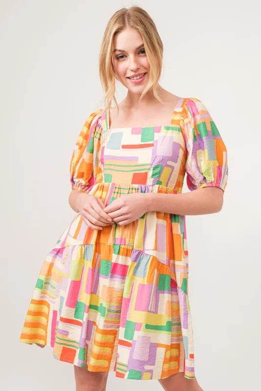 And The Why Square Neck Puff Sleeve Geo Printed Mini Dress - Shop Style & More | Fresh Looks, Everyday Deals & Free Shipping