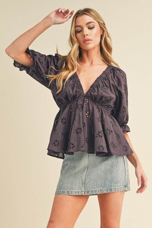 Aemi + Co Eyelet Embroidered V-Neck Half Sleeve Peplum Blouse - Shop Style & More | Fresh Looks, Everyday Deals & Free Shipping