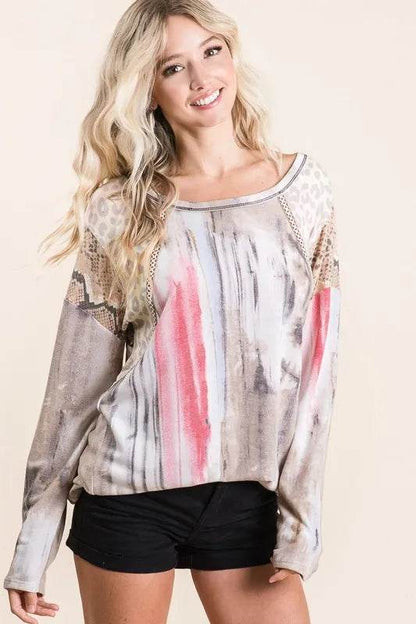 BiBi Tie Dye Knit Top with Print Block Shoulder - Shop Style & More | Fresh Looks, Everyday Deals & Free Shipping