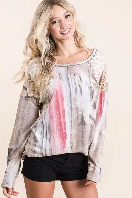 BiBi Tie Dye Knit Top with Print Block Shoulder - Shop Style & More | Fresh Looks, Everyday Deals & Free Shipping