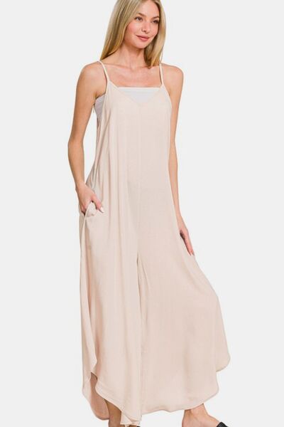 Zenana Spaghetti Strap Wide Leg Overalls with Pockets SAND BEIGE Jumpsuits