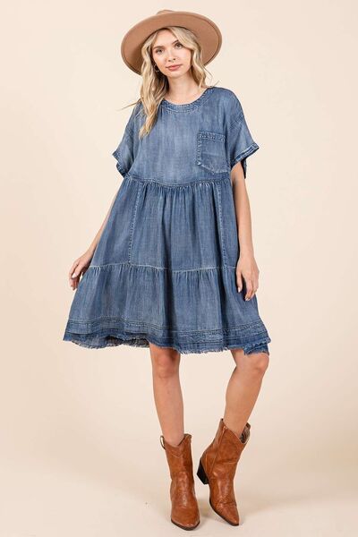 Mittoshop Washed Chambray Denim Oversized Tier Mini Dress Casual Dresses