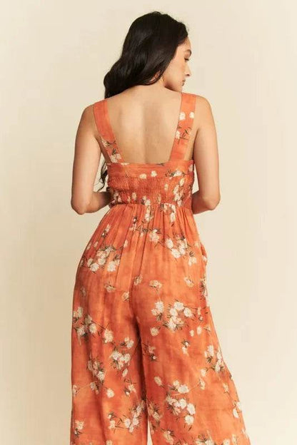 Davi & Dani Floral Ruffle Square Neck Smocking Bodice Jumpsuit - Shop Style & More | Fresh Looks, Everyday Deals & Free Shipping
