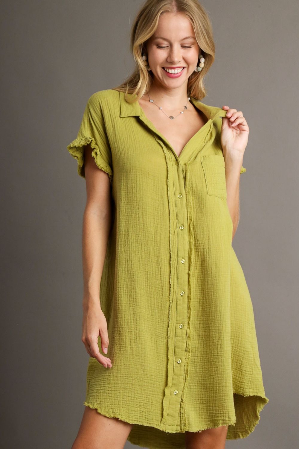 Umgee Full Size Raw Hem Button Down Short Sleeve Gauze Shirt Dress Plus Size Yellow-Green Casual Dresses