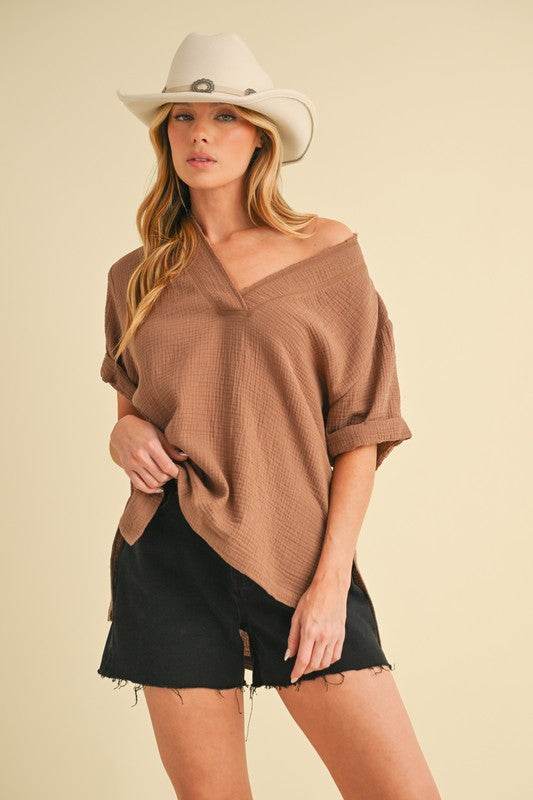 Aemi + Co Side Slit V-Neck Short Sleeve Blouse - Shop Style & More | Fresh Looks, Everyday Deals & Free Shipping