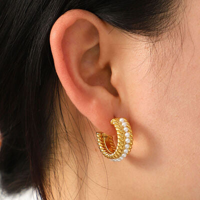 Stainless Steel Pearl C-Hoop Earrings Gold One Size Earring