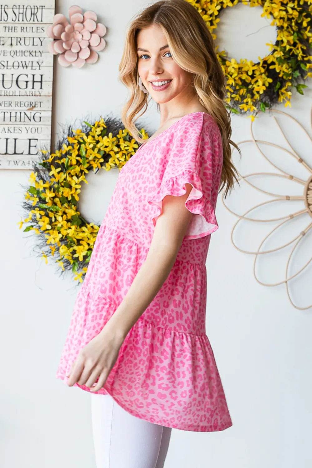 Heimish Full Size Leopard Ruffle Trim Short Sleeve Top - Shop Style & More | Fresh Looks, Everyday Deals & Free Shipping