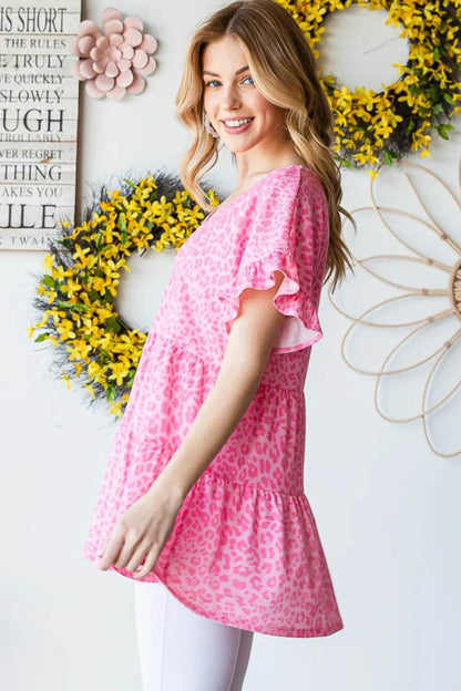Heimish Full Size Leopard Ruffle Trim Short Sleeve Top - Shop Style & More | Fresh Looks, Everyday Deals & Free Shipping