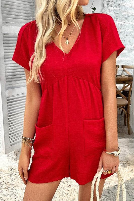 Solid Deep V Neck Drop Shoulder Loose Pockets Romp - Shop Style & More | Fresh Looks, Everyday Deals & Free Shipping