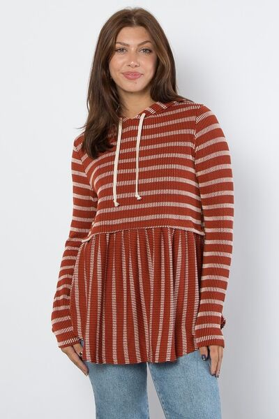 Be Stage Full Size Drawstring Striped Babydoll Hoodie Rust Hoodies & Sweaters