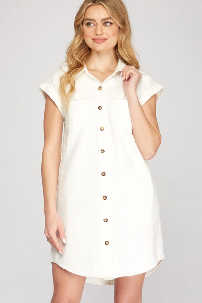 She + Sky Full Size Folded Cuff Button Down Washed Twill Shirt Dress Plus Size Ivory Casual Dresses