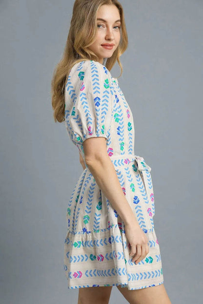 Umgee Printed Tie Waist Puff Short Sleeve Mini Dress - Shop Style & More | Fresh Looks, Everyday Deals & Free Shipping
