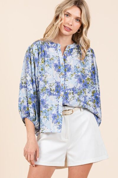 Mittoshop Flower Print Batwing Sleeve Button Down Blouse Blouses