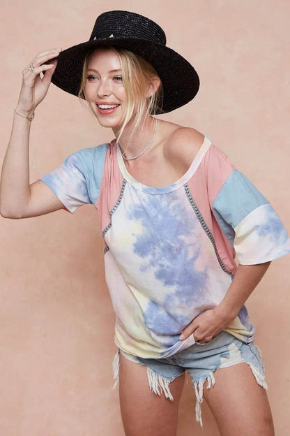 BiBi Tie Dye Printed Cotton Color Block T-Shirt - Shop Style & More | Fresh Looks, Everyday Deals & Free Shipping