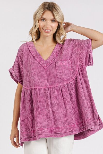 Mittoshop Mineral Wash Gauze Babydoll V-Neck Oversized Blouse Cerise Blouses