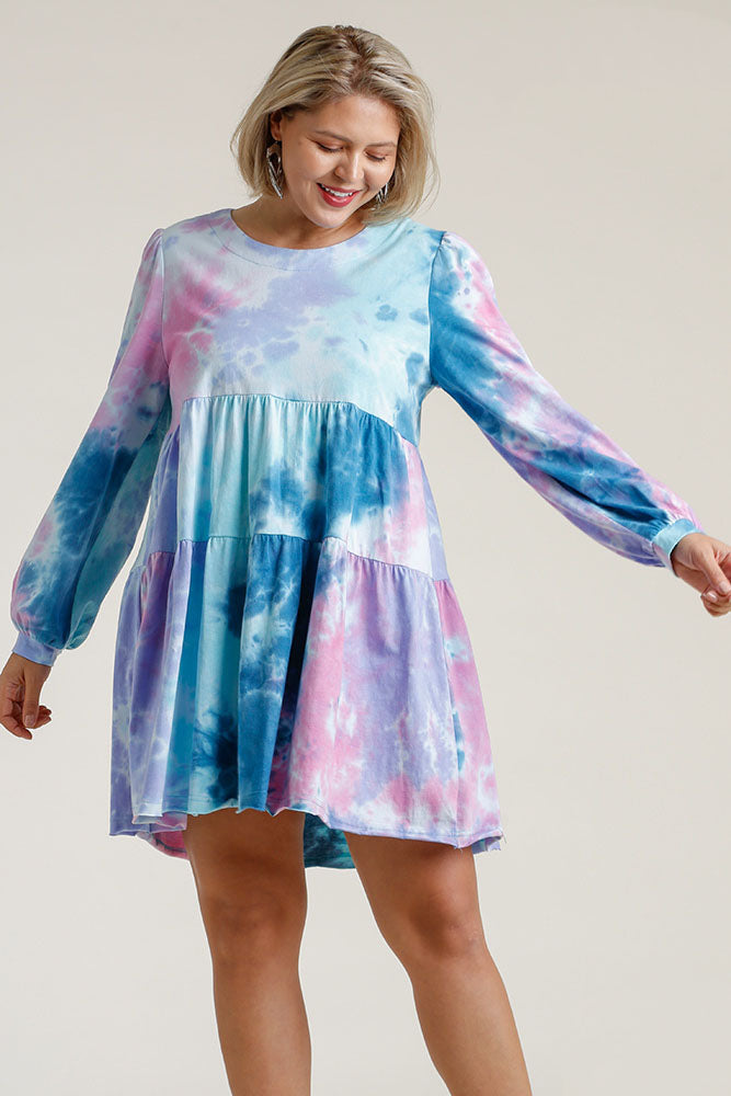 Umgee Full Size Tie Dye Round Neck Long Sleeve Babydoll Tiered Dress Plus Size Casual Dresses