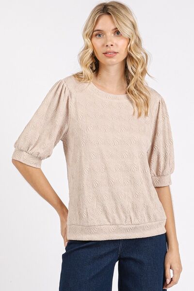 Mittoshop Fan Shell Texture Short Puff Sleeve Knit Top Tan Blouses