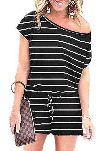 Striped Short Sleeve Drawstring Waist Romper - Shop Style & More | Fresh Looks, Everyday Deals & Free Shipping