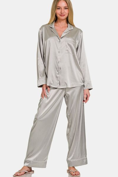 Zenana Satin Long Sleeve Shirt and Pants Pajama Set Silver Lounge Set