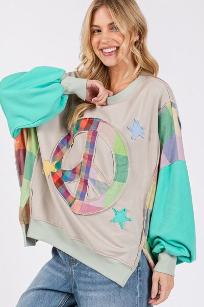 SAGE + FIG Contrast Peace Patch Dropped Shoulder Sweatshirt Hoodies & Sweaters