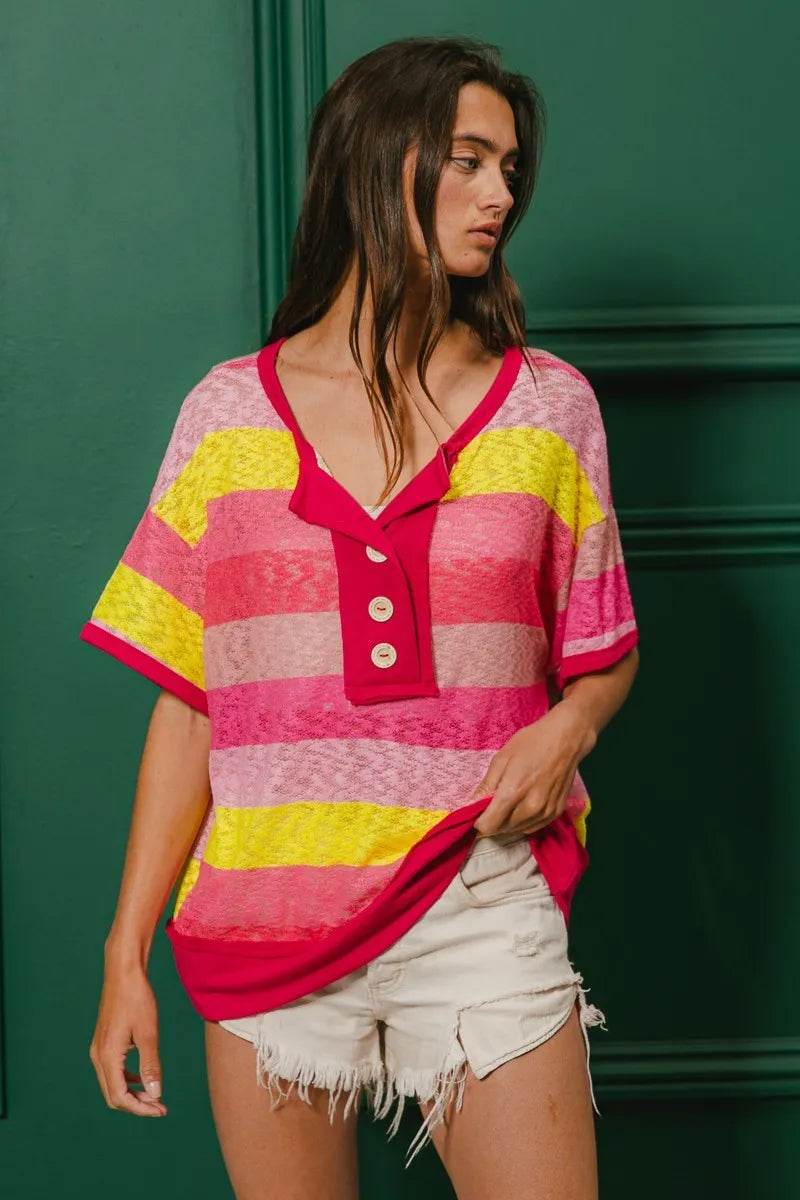 BiBi Multi Color Stripe Hacci Button Detail Ringer Top - Shop Style & More | Fresh Looks, Everyday Deals & Free Shipping