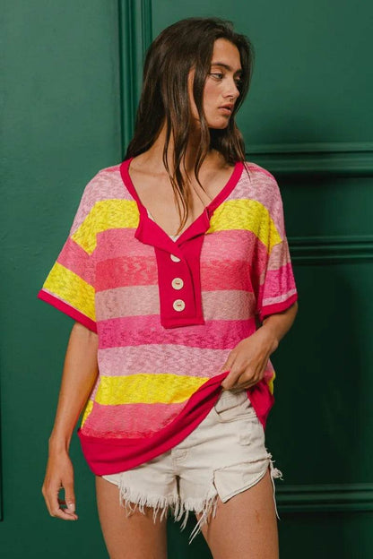 BiBi Multi Color Stripe Hacci Button Detail Ringer Top - Shop Style & More | Fresh Looks, Everyday Deals & Free Shipping