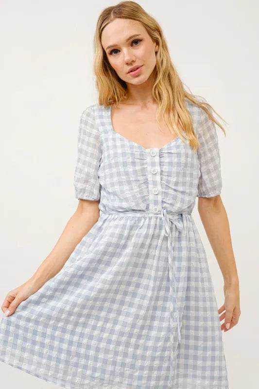 And The Why Puff Sleeve Ruched Button Front Gingham Dress - Shop Style & More | Fresh Looks, Everyday Deals & Free Shipping