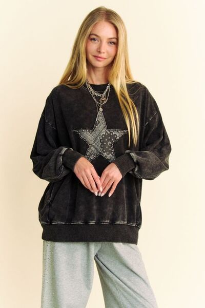 Davi & Dani Stud Star Patch Acid Washed Sweatshirt Hoodies & Sweaters