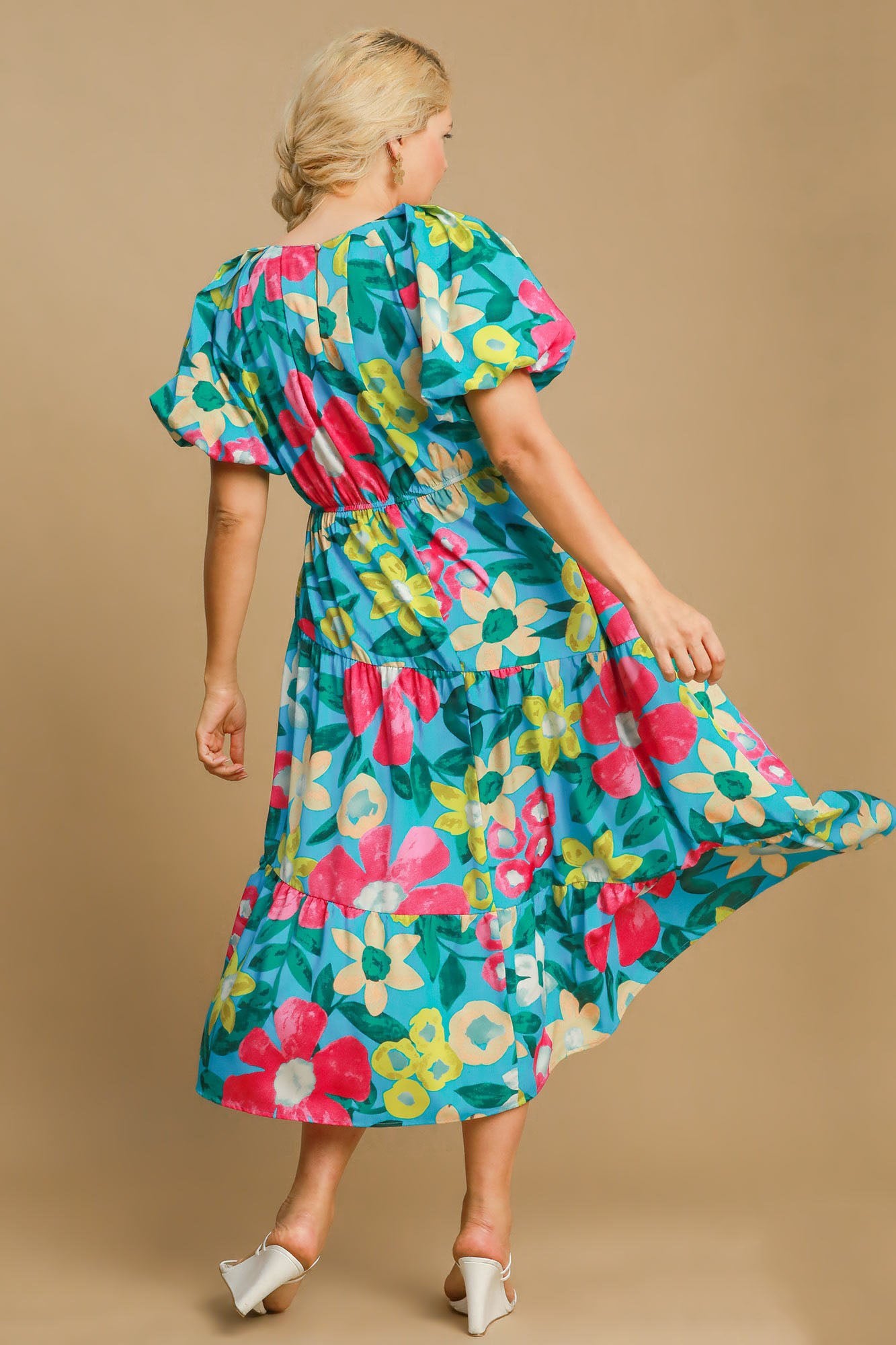 Umgee Full Size Tiered Floral Print Notched Puff Sleeve Midi Dress Plus Size Casual Dresses