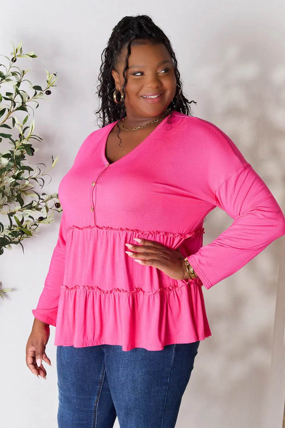 Double Take Half Button Long Sleeve Ruffle Hem Blouse - Shop Style & More | Fresh Looks, Everyday Deals & Free Shipping