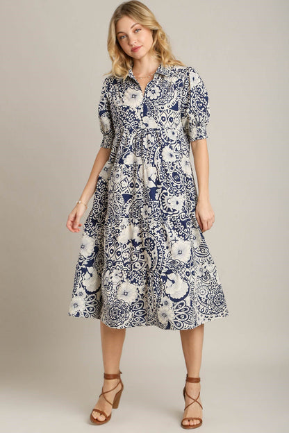 Umgee Full Size Printed Smocked Cuff Puff Sleeve Midi Dress Plus Size Dark Blue Casual Dresses