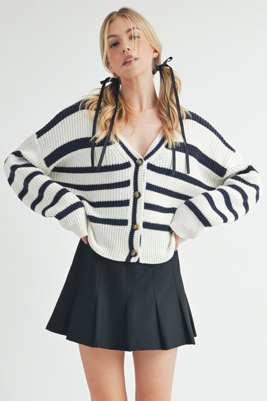 Aemi + Co Striped V-Neck Button Down Cardigan White Navy Hoodies & Sweaters