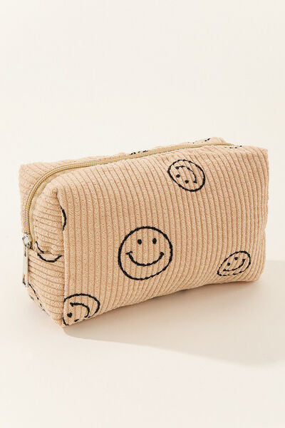 Zenana Smiley Face Corduroy Cosmetic Pouch Beige One Size Bags