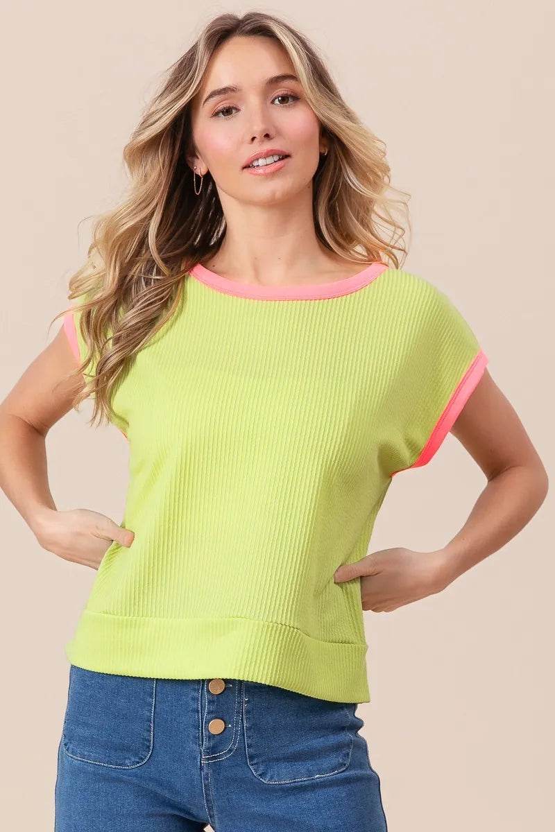 BiBi Cord Rib Knit Contrast Banded Top - Shop Style & More | Fresh Looks, Everyday Deals & Free Shipping