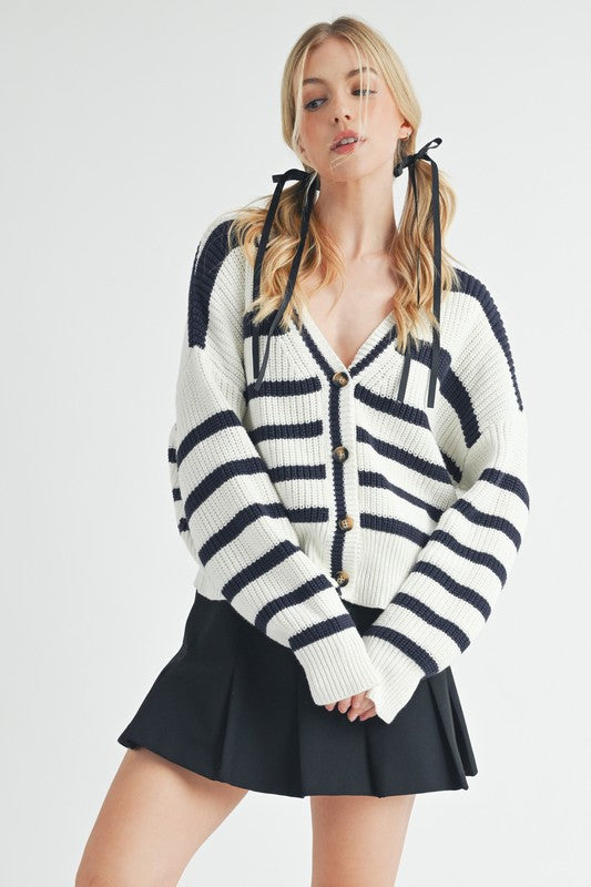 Aemi + Co Striped V-Neck Button Down Cardigan Hoodies & Sweaters