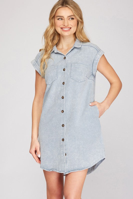 She + Sky Full Size Folded Cuff Button Down Washed Twill Shirt Dress Plus Size Blue Grey Casual Dresses