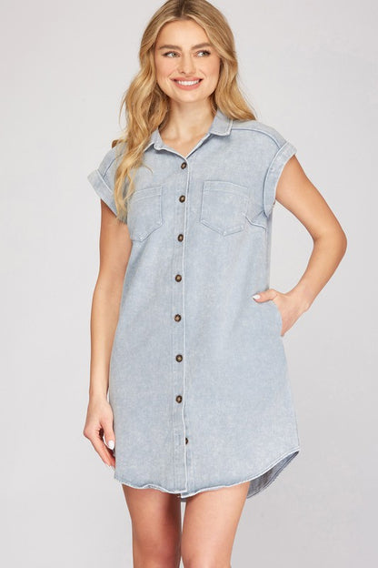 She + Sky Full Size Folded Cuff Button Down Washed Twill Shirt Dress Plus Size Blue Grey Casual Dresses