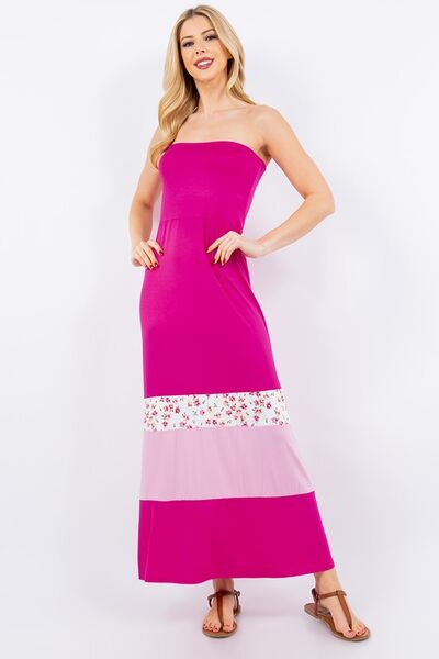 Celeste Full Size Color Block Tube Maxi Dress Plus Size Deep Rose Casual Dresses