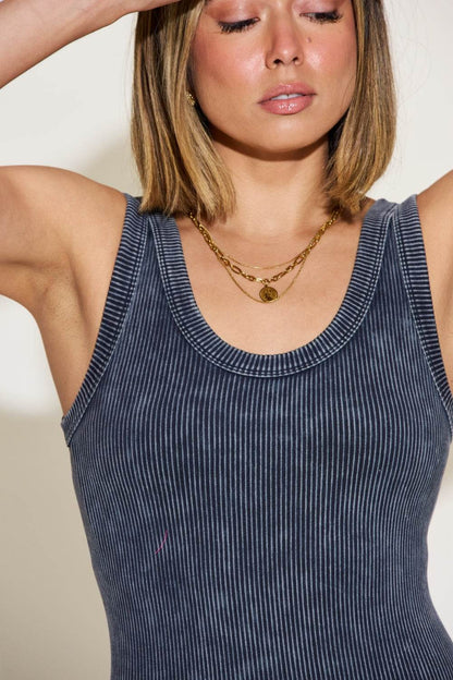 Zenana Ribbed Washed Round Neck Sleeveless Romper - Shop Style & More | Fresh Looks, Everyday Deals & Free Shipping
