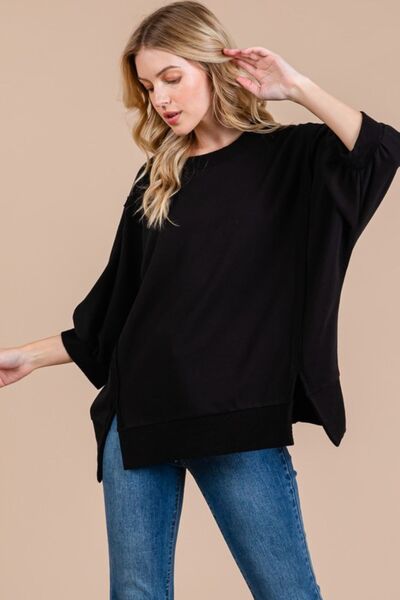 Ces Femme Side Slit Drop Shoulder Puff Sleeve Sweatshirt Black Hoodies & Sweaters