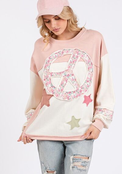 SAGE + FIG Peace & Star Patch Contrast Round Neck Sweatshirt Blush Pink Hoodies & Sweaters