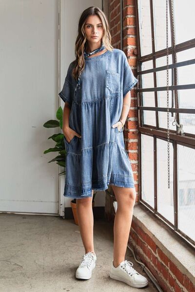 Mittoshop Washed Chambray Denim Oversized Tier Mini Dress Casual Dresses