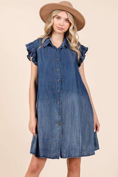 Mittoshop Washed Chambray Ruffle Sleeve Buttoned Mini Dress Casual Dresses