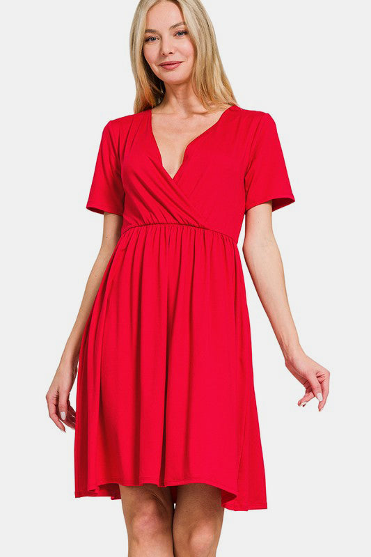 Zenana Surplice Short Sleeve Brushed DTY Dress Red Casual Dresses