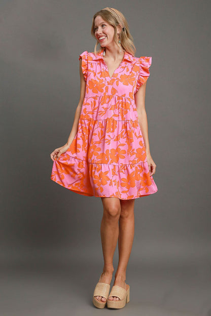 Umgee Full Size Floral Print Ruffle Cap Sleeve Tiered Dress Plus Size Casual Dresses