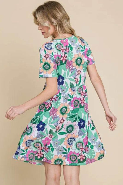 BOMBOM Ruched Floral V-Neck Short Sleeve Dress - Shop Style & More | Fresh Looks, Everyday Deals & Free Shipping