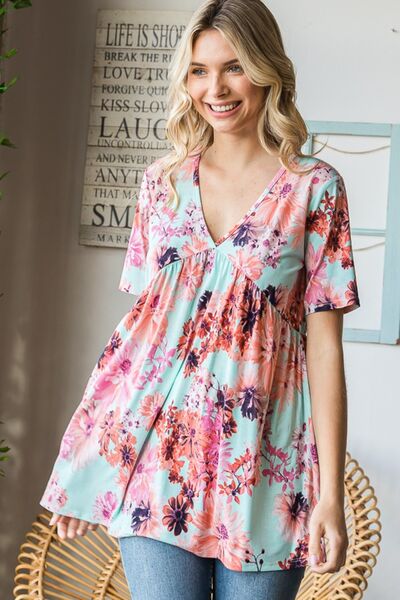 Heimish Floral V-Neck Babydoll Blouse - Full Size Short Sleeve Top Blouses